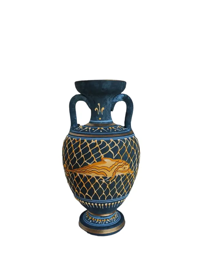 Minoan Dolphin Vase – Embossed Blue Ceramic, 8.66” (22 cm)