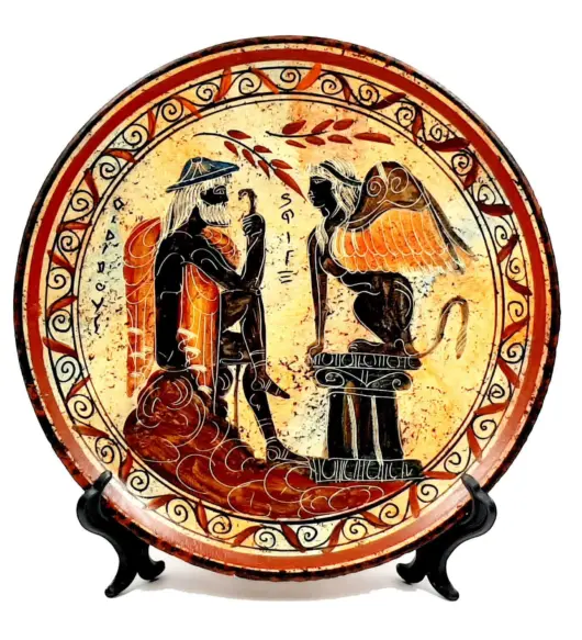 Greek Ceramic Plate – 24 cm | Oedipus and the Sphinx