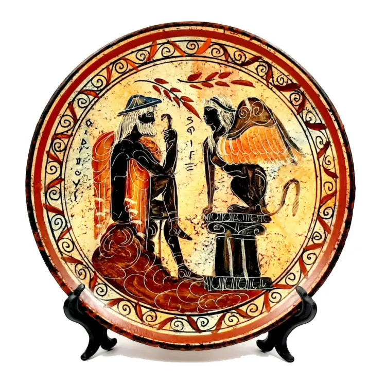Greek Ceramic Plate – 24 cm | Oedipus and the Sphinx