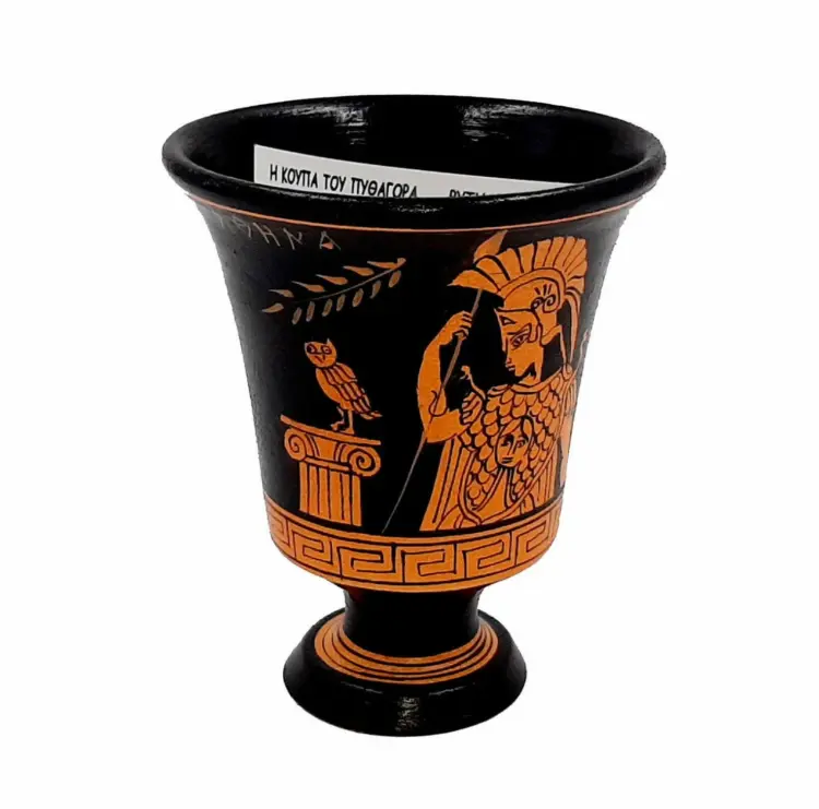 Pythagorean Cup – Red Figure Pottery, Featuring Goddess Athena – Ancient Greek Pottery Replica