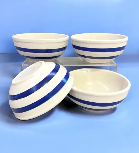 New Vintage Roseville Pottery Blue Stripe Set of 4 Soup/Cereal Bowls – 5.5"