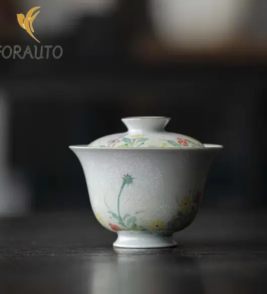 Hand-Painted Dandelion Covered Tea Bowl with Lid – Underglaze Color