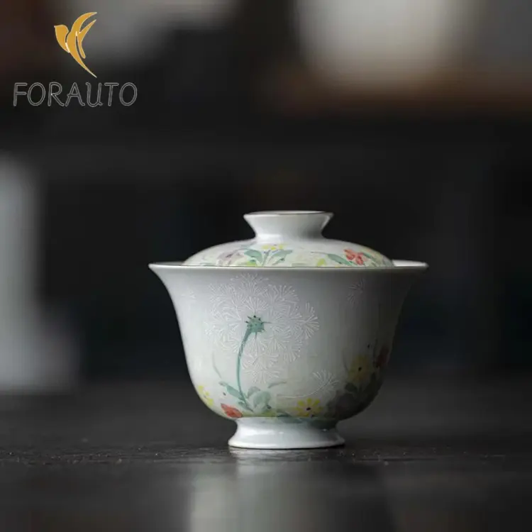 Hand-Painted Dandelion Covered Tea Bowl with Lid – Underglaze Color