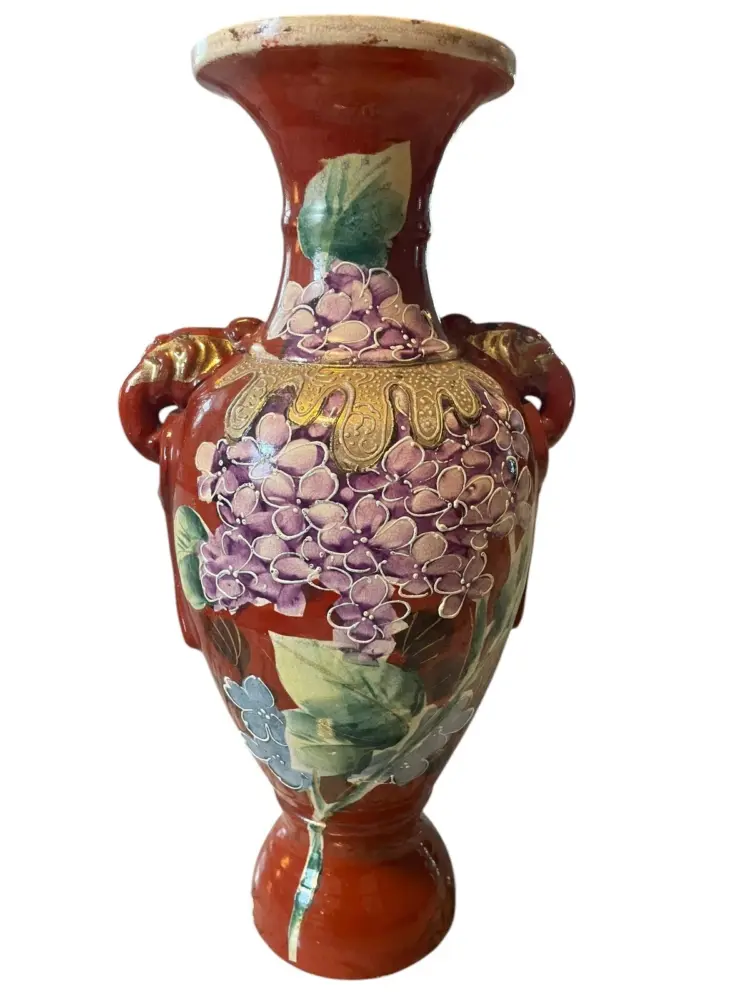 Rare Vintage Ceramic Grand Vase – Floral Enamel Cloisonné Style, Metallic Gold & Red
