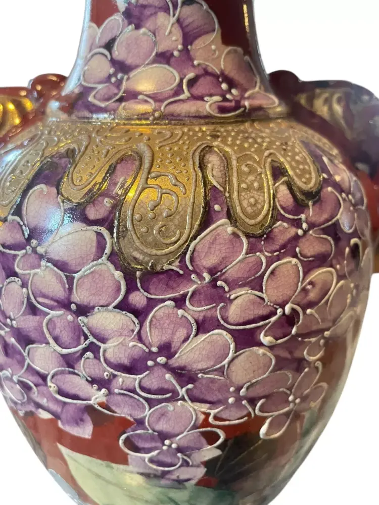 Rare Vintage Ceramic Grand Vase – Floral Enamel Cloisonné Style, Metallic Gold & Red - Image 2