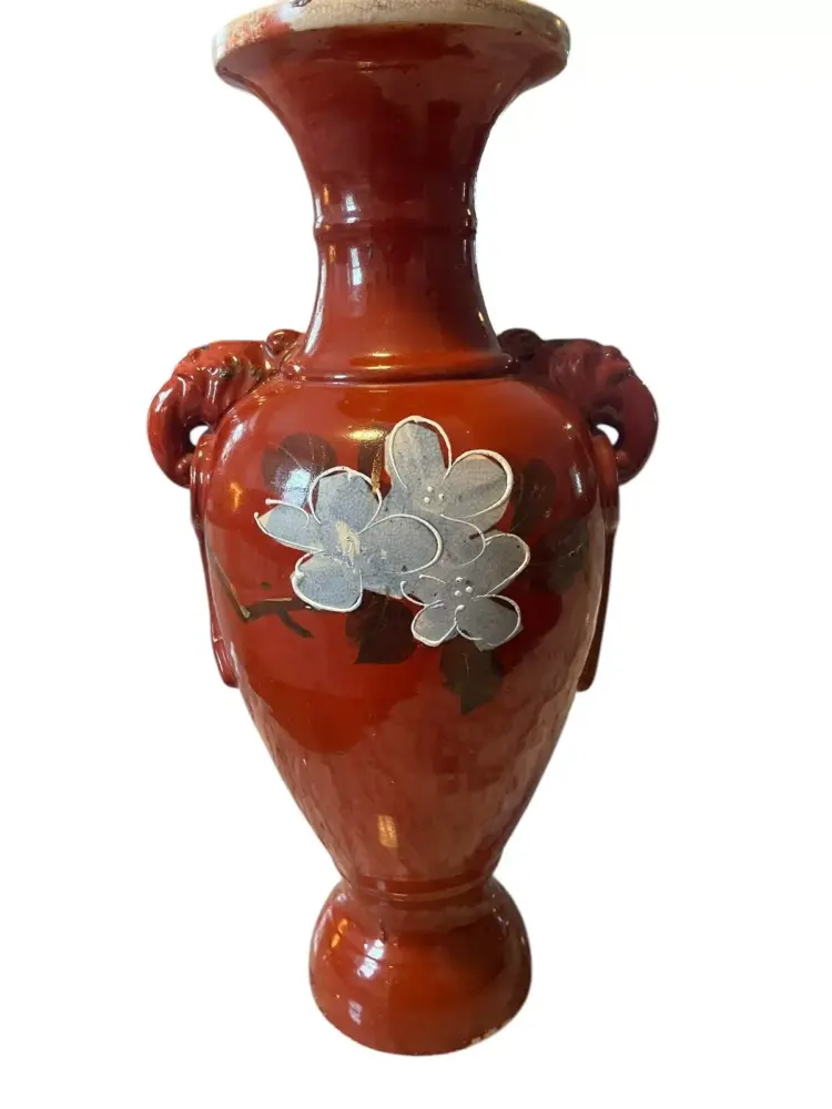 Rare Vintage Ceramic Grand Vase – Floral Enamel Cloisonné Style, Metallic Gold & Red - Image 3