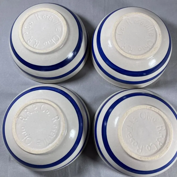 New Vintage Roseville Pottery Blue Stripe Set of 4 Soup/Cereal Bowls – 5.5" - Image 2