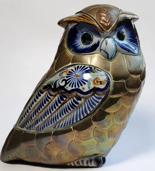 Vintage Tonala Brass and Pottery Owl Figurine – Hand-Painted Blue & White Folk Art