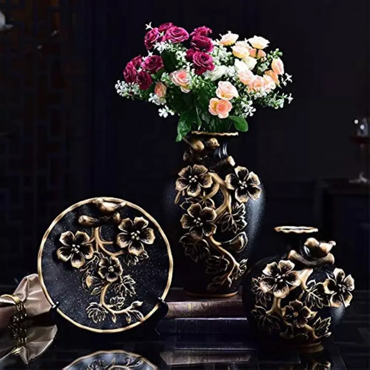 Classical Decorative Ceramic Vase Set – 3-Piece Chinese Collection with 3D Floral Accents - Image 2