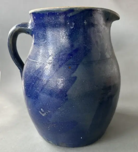 Unusual Primitive Antique Country Blue Decorated Stoneware Pitcher