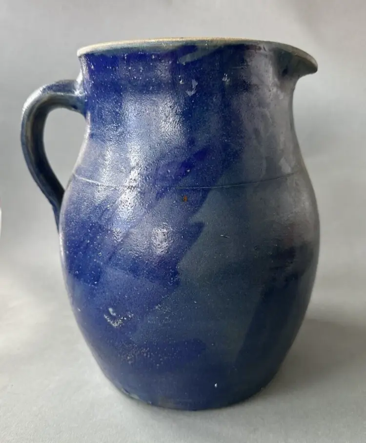 Unusual Primitive Antique Country Blue Decorated Stoneware Pitcher