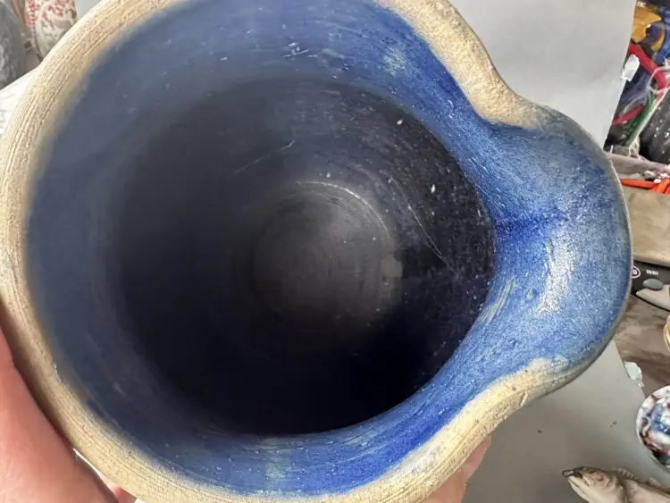Unusual Primitive Antique Country Blue Decorated Stoneware Pitcher - Image 2