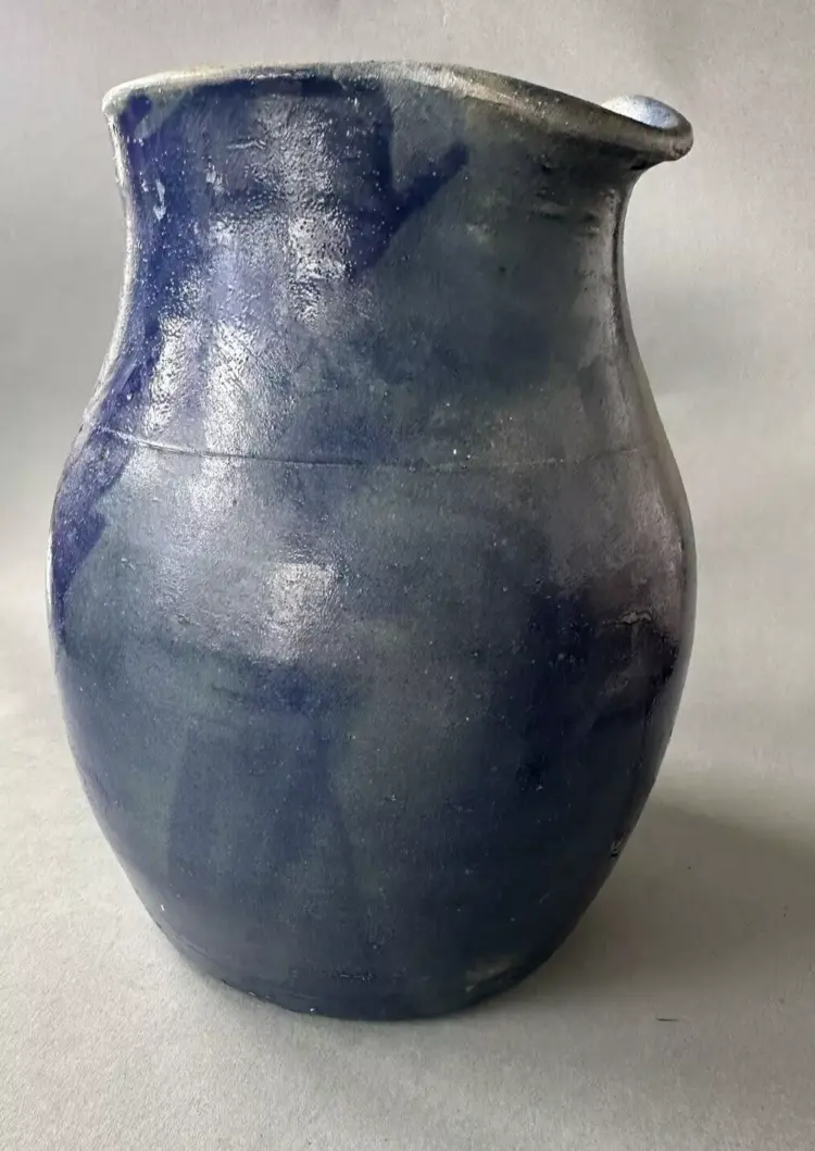 Unusual Primitive Antique Country Blue Decorated Stoneware Pitcher - Image 3