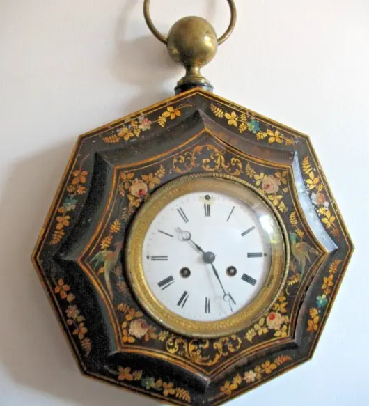 Japy French Wall Clock – Primitive Antique Tin Toleware with Porcelain Dial & Peacocks