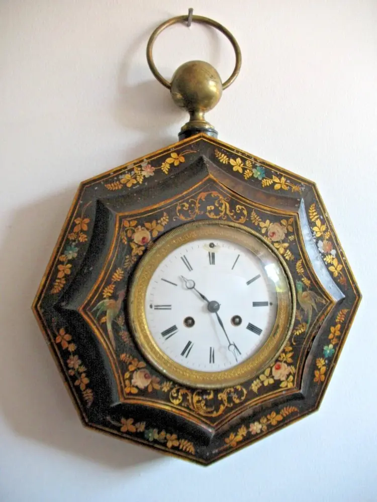 Japy French Wall Clock – Primitive Antique Tin Toleware with Porcelain Dial & Peacocks
