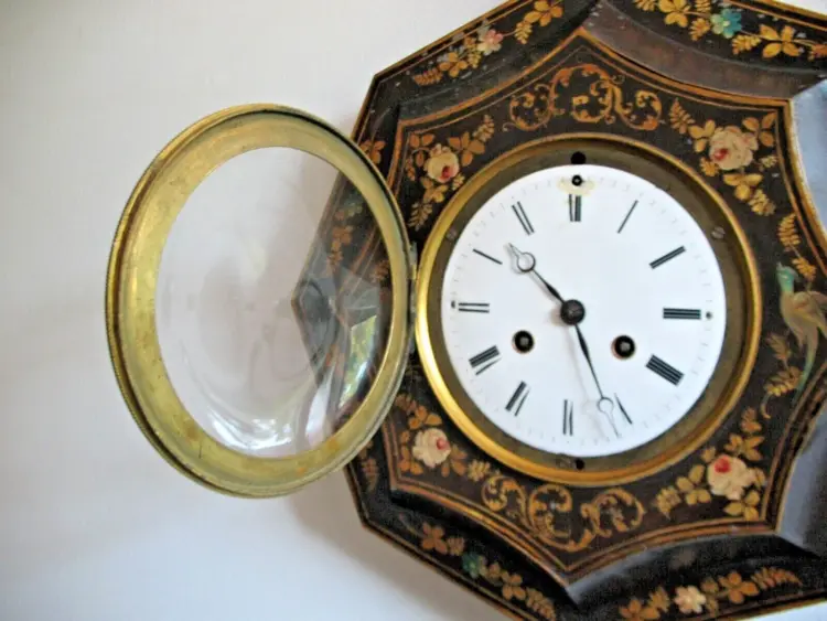 Japy French Wall Clock – Primitive Antique Tin Toleware with Porcelain Dial & Peacocks - Image 2
