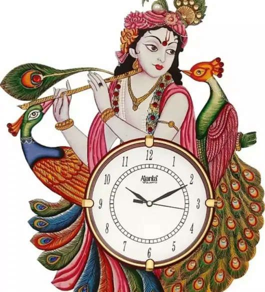 Wooden Antique-Style Lord Krishna Wall Clock with Peacock Design (12 x 16.5 in)