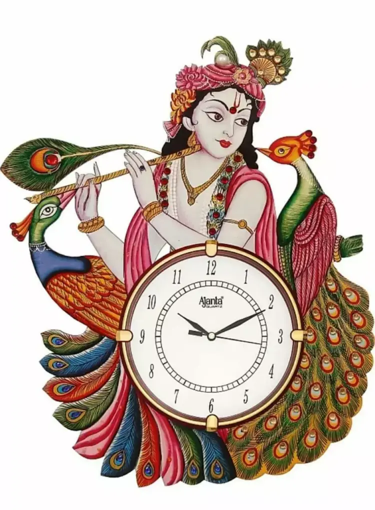 Wooden Antique-Style Lord Krishna Wall Clock with Peacock Design (12 x 16.5 in)