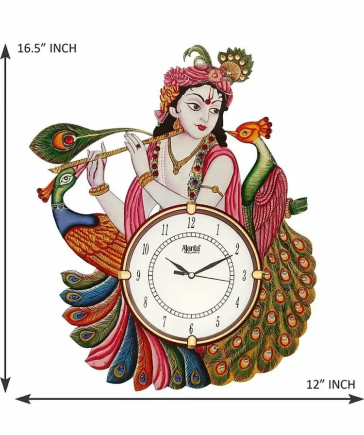 Wooden Antique-Style Lord Krishna Wall Clock with Peacock Design (12 x 16.5 in) - Image 2