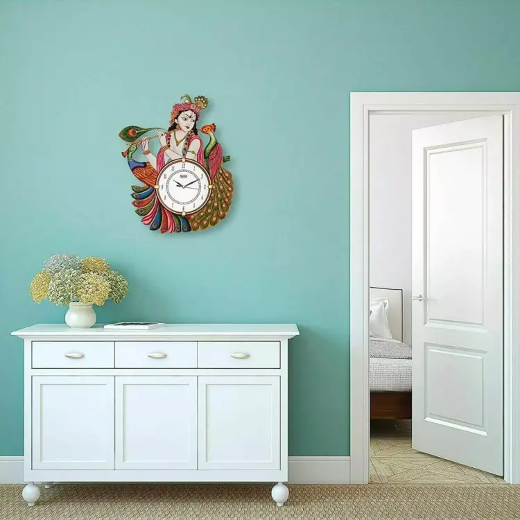 Wooden Antique-Style Lord Krishna Wall Clock with Peacock Design (12 x 16.5 in) - Image 3