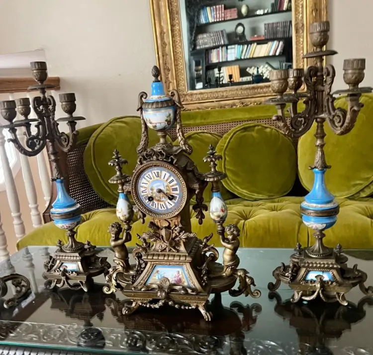 Antique French Sevres-Style Mantel Clock Set – Blue Porcelain & Bronze Candelabra