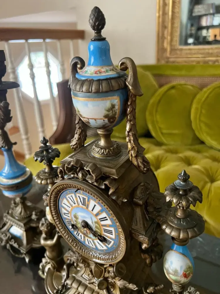 Antique French Sevres-Style Mantel Clock Set – Blue Porcelain & Bronze Candelabra - Image 2
