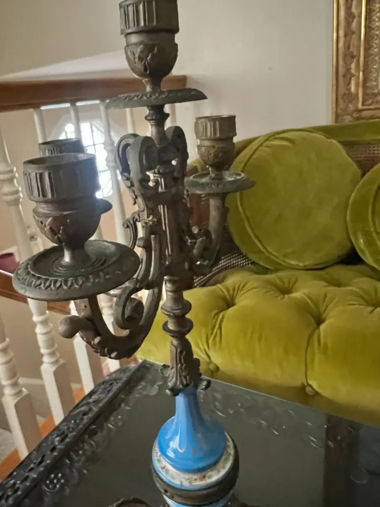 Antique French Sevres-Style Mantel Clock Set – Blue Porcelain & Bronze Candelabra - Image 3