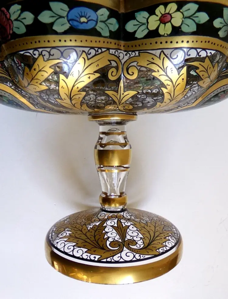 Antique Enameled Julius Muhlhaus Bohemian Glass Centerpiece Bowl – 6.25" Tall - Image 2