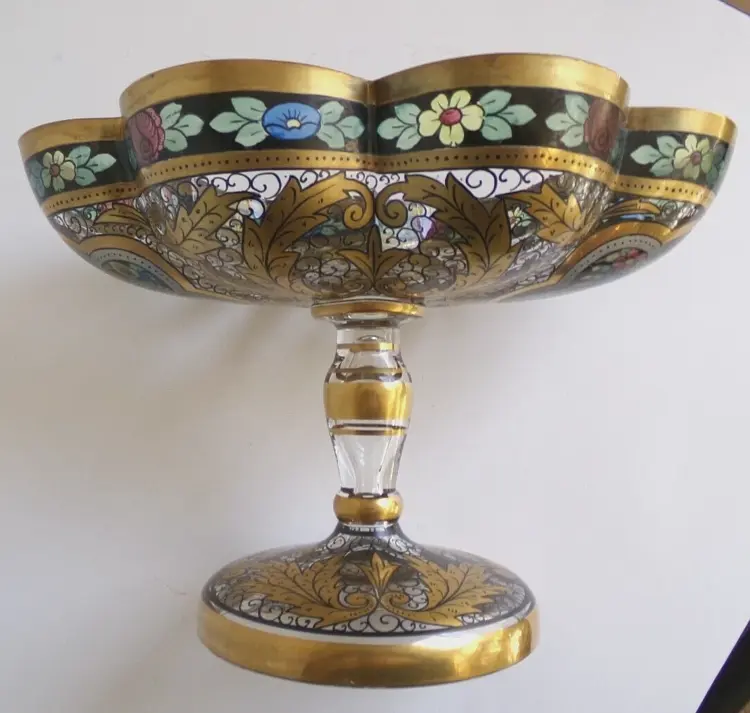 Antique Enameled Julius Muhlhaus Bohemian Glass Centerpiece Bowl – 6.25" Tall - Image 3