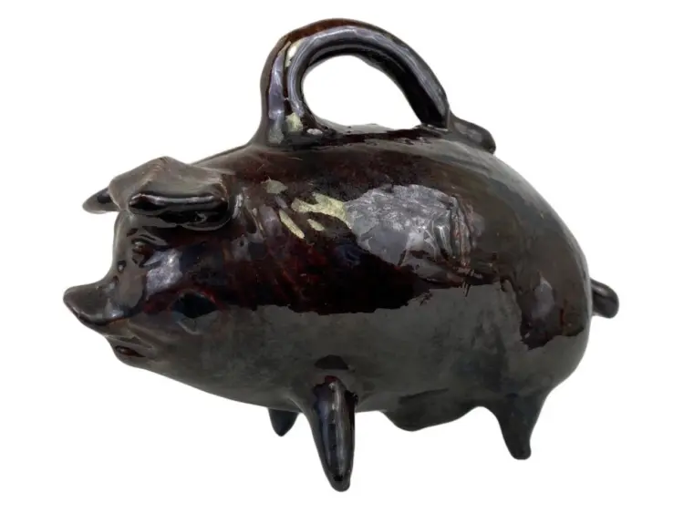 Antique 19th-Century Redware Pottery Piggy Bank – Americana Folk Art Figural Still Bank