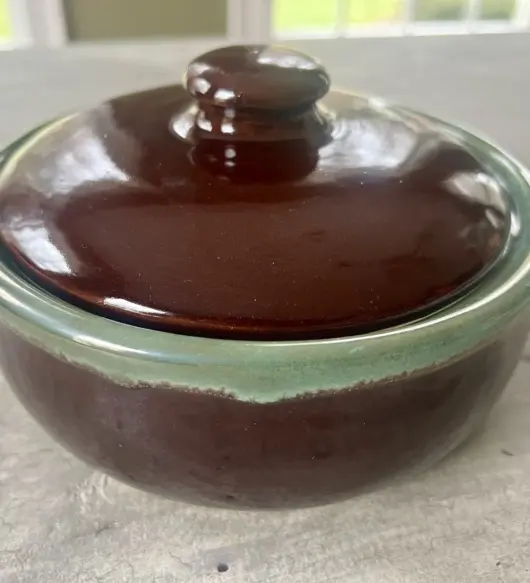 Rare Antique Red Ware Wing Stoneware Casserole Pot – Brown & Blue Primitive Bean Baker
