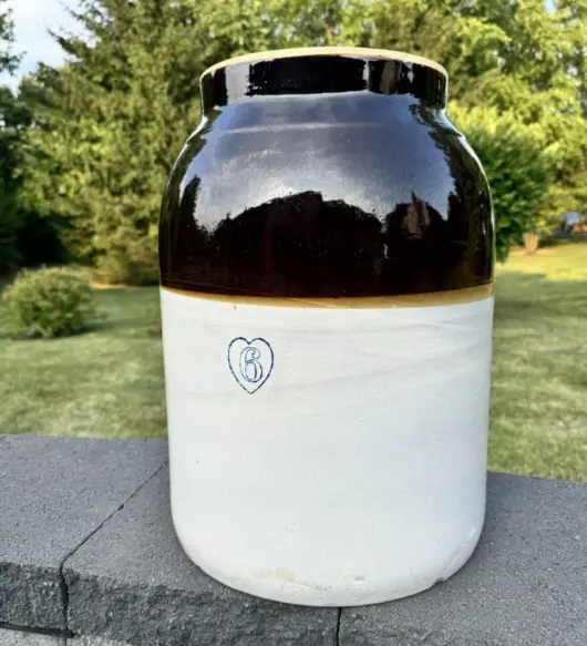 Antique 6-Heart Brown & Tan Glazed Stoneware Butter Churn Crock – 18" Tall (No Lid)