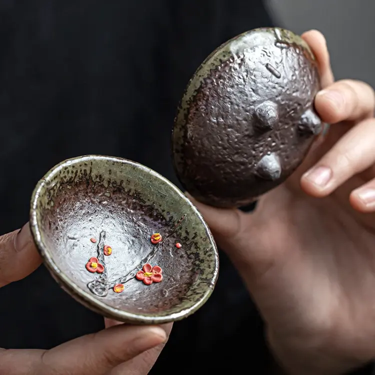 35ml Handmade Tea Cup – Antique Style Kung Fu Ceramic Floral Crude Pottery - Image 2