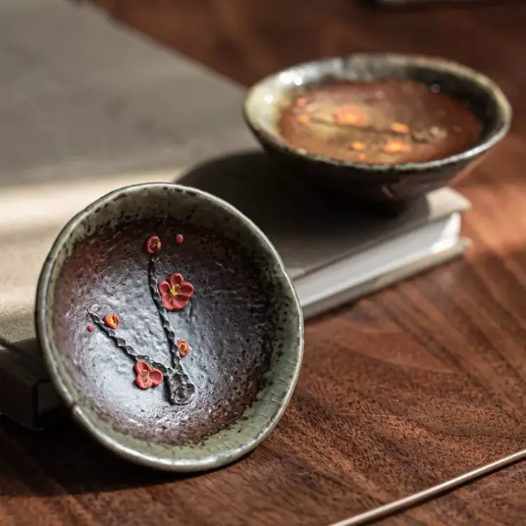 35ml Handmade Tea Cup – Antique Style Kung Fu Ceramic Floral Crude Pottery - Image 3