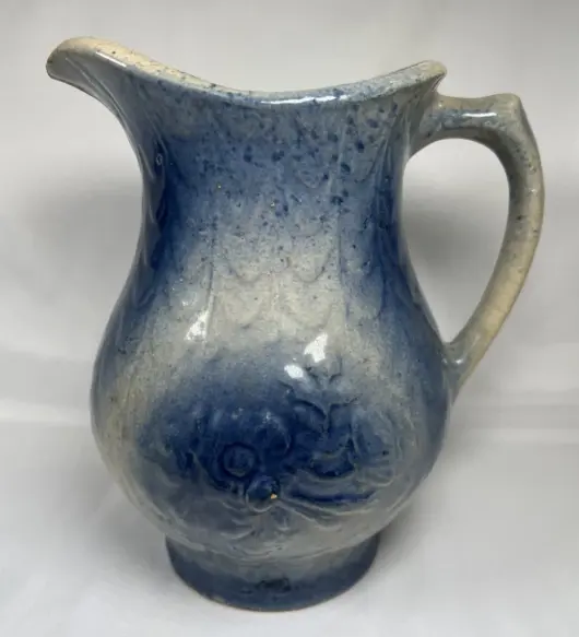 Antique 7" Salt Glazed Blue & White Floral Stoneware Pitcher – 2 Quart, Country Style (1900–1949)