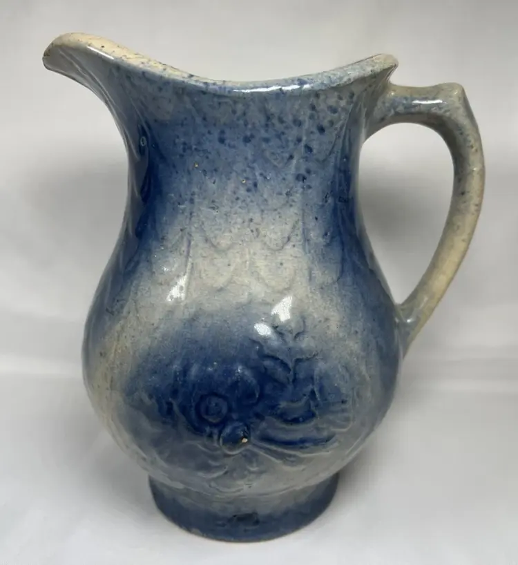 Antique 7" Salt Glazed Blue & White Floral Stoneware Pitcher – 2 Quart, Country Style (1900–1949)