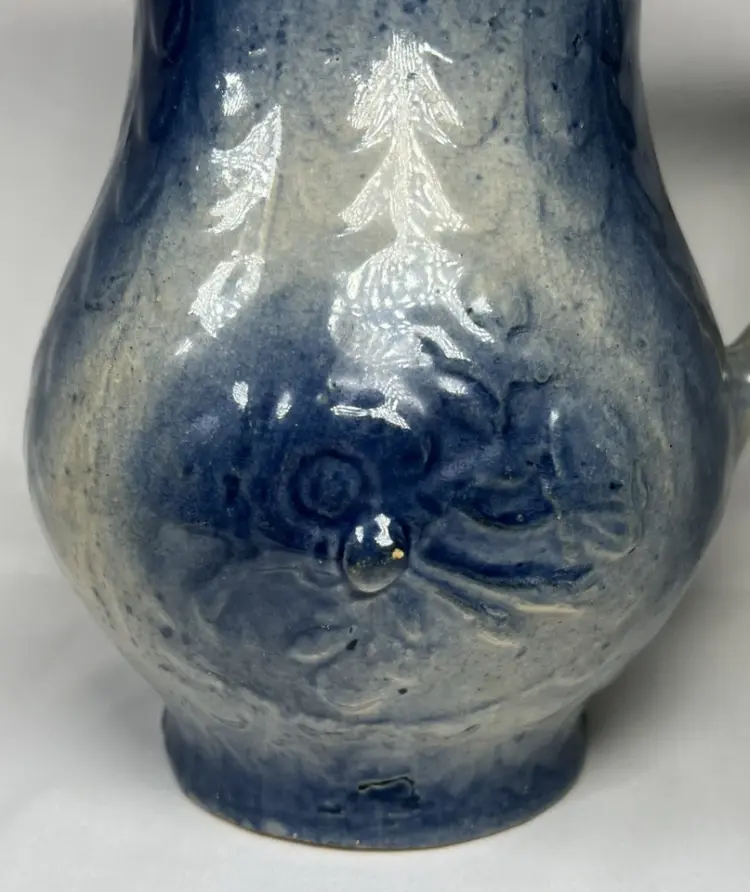 Antique 7" Salt Glazed Blue & White Floral Stoneware Pitcher – 2 Quart, Country Style (1900–1949) - Image 2