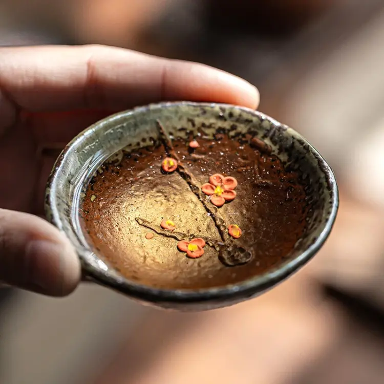 35ml Handmade Tea Cup – Antique Style Kung Fu Ceramic Floral Crude Pottery