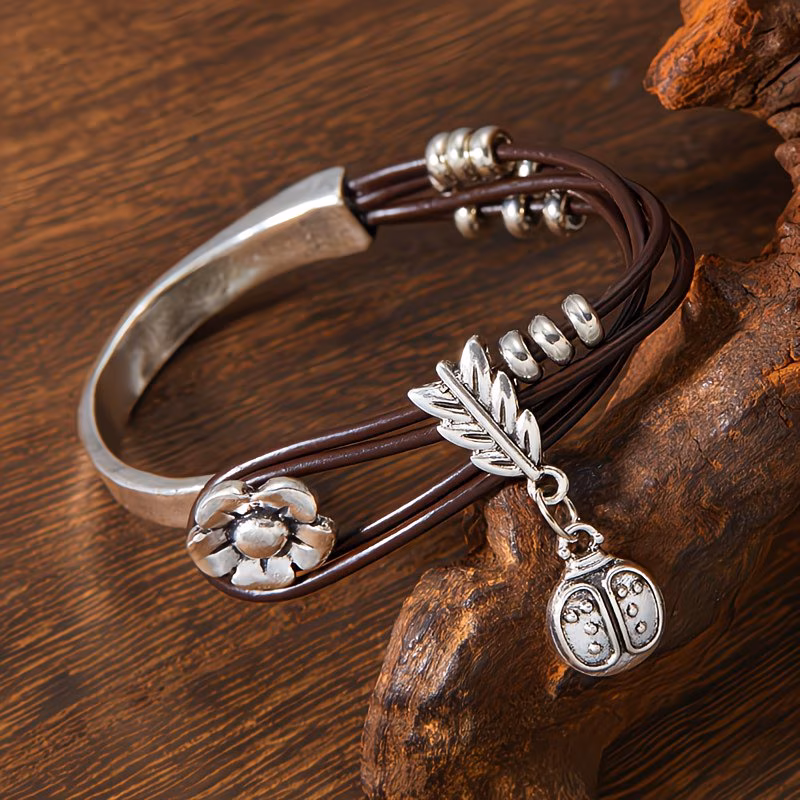 Vintage Bohemian Flower Charm Bracelet – Adjustable Leather Wrap Bracelet
