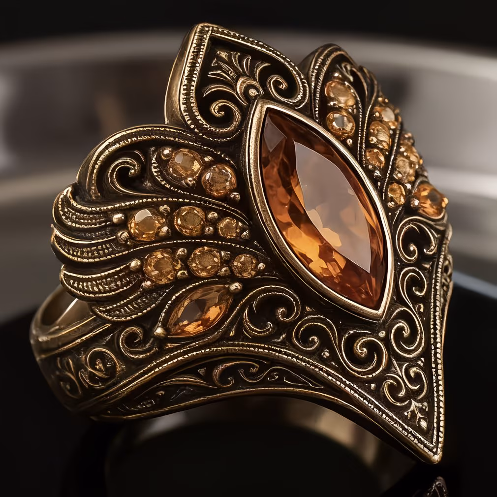 Vintage Engraved Marquise Crystal Ring – Antique Gold Statement Ring