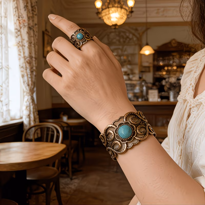 Vintage Turquoise Cuff Bracelet & Ring Set – Bohemian Antique Silver Jewelry Set
